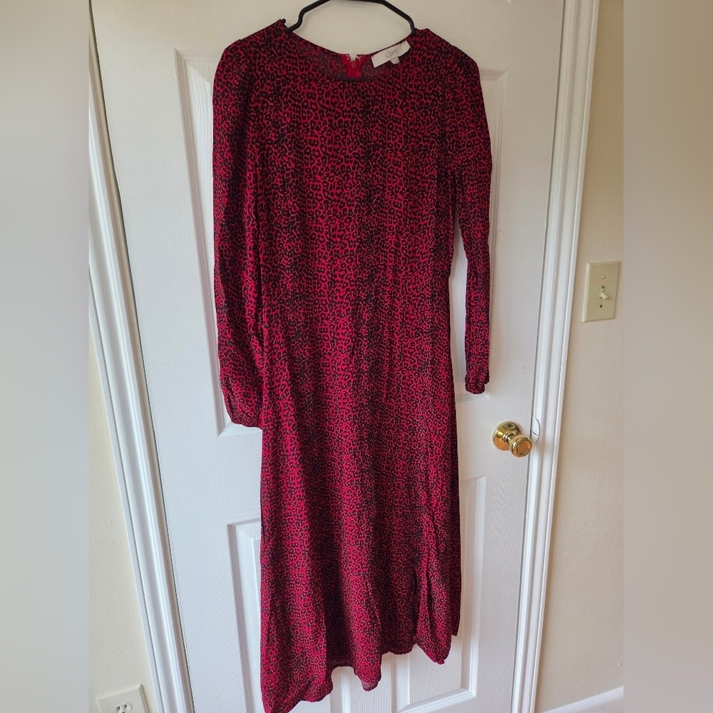 LOFT Midi Dress 2 Red and Black Leopard Animal Print Slit Dress - Picture 2 of 12